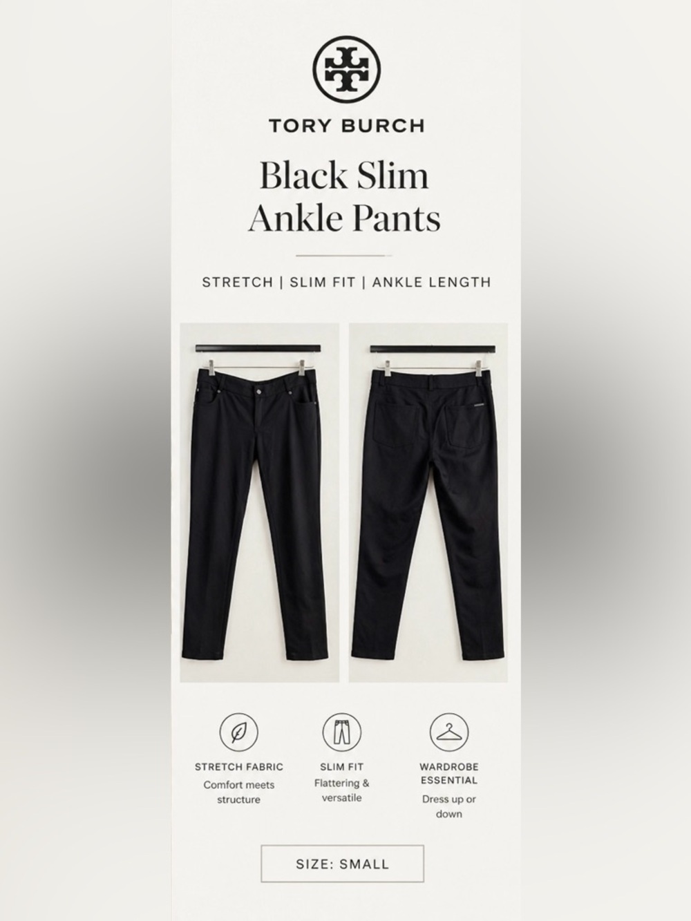 Tory Burch Black Slim Ankle Pants | Stretch Designer Tory Burch Size Small